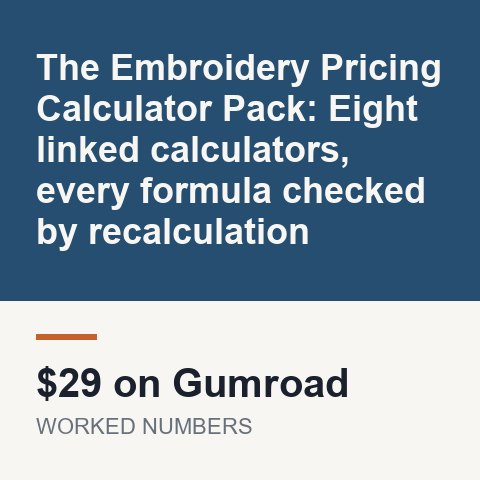 The Embroidery Pricing Calculator Pack: Eight linked calculators, every formula checked by recalculation