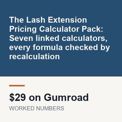 The Lash Extension Pricing Calculator Pack: Seven linked calculators, every formula checked by recalculation