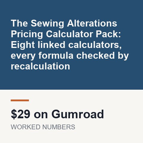 The Sewing Alterations Pricing Calculator Pack: Eight linked calculators, every formula checked by recalculation